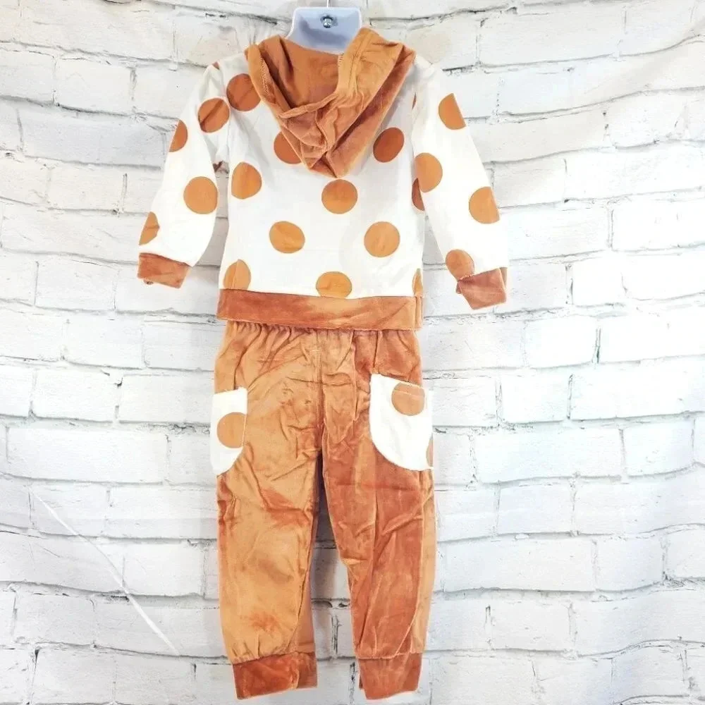 9-12M -Super Soft Brown and White Cow 2 piece Velvet with Hooded Ears Baby  Set